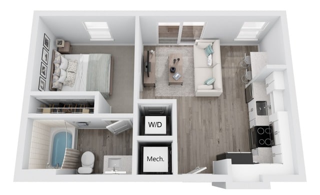 A 3D image of the JR1 floorplan, a 504 squarefoot, 0 bed / 1 bath unit