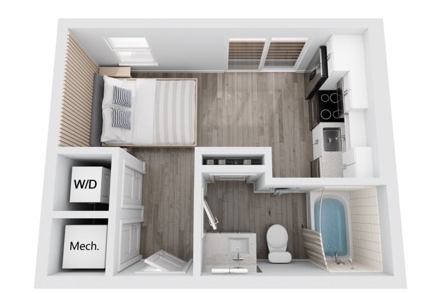 A 3D image of the MS1 floorplan, a 326 squarefoot, 0 bed / 1 bath unit