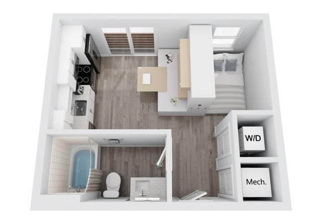 A 3D image of the MS2 floorplan, a 378 squarefoot, 0 bed / 1 bath unit