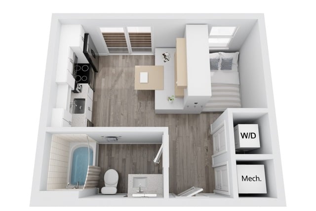 A 3D image of the MS2-O floorplan, a 378 squarefoot, 0 bed / 1 bath unit