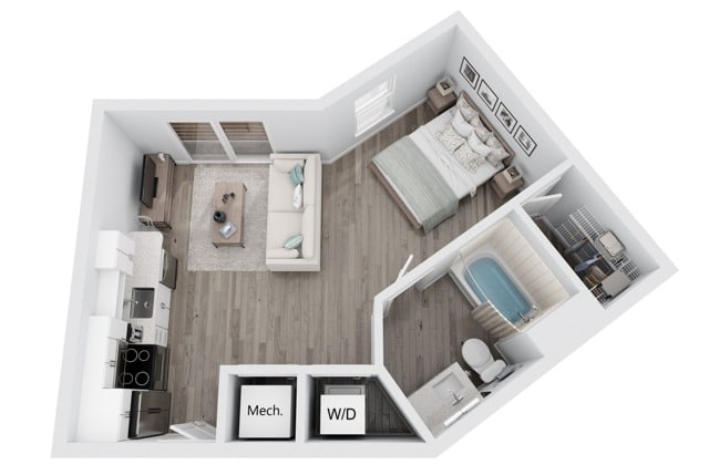 A 3D image of the S1 floorplan, a 488 squarefoot, 0 bed / 1 bath unit