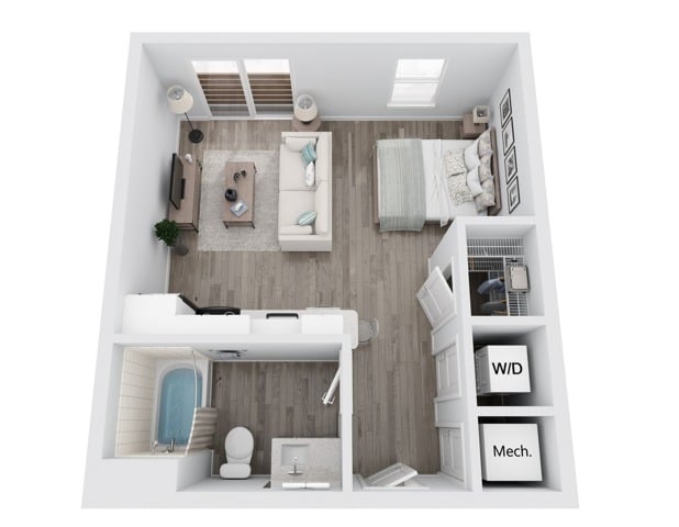 A 3D image of the S2 floorplan, a 489 squarefoot, 0 bed / 1 bath unit