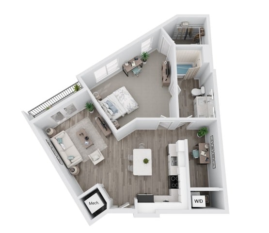 A 3D image of the A2 + Den floorplan, a 935 squarefoot, 1 bed / 1 bath unit