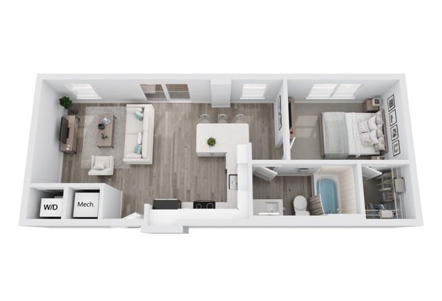 A 3D image of the A4 floorplan, a 643 squarefoot, 1 bed / 1 bath unit