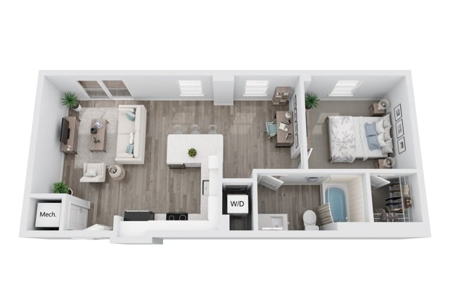 A 3D image of the A5 + Den floorplan, a 759 squarefoot, 1 bed / 1 bath unit