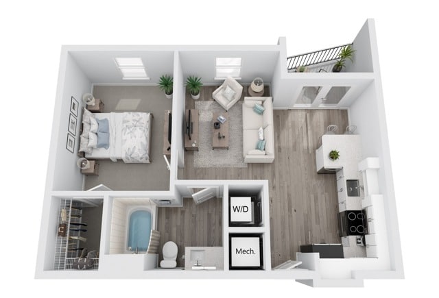 A 3D image of the A6 floorplan, a 652 squarefoot, 1 bed / 1 bath unit