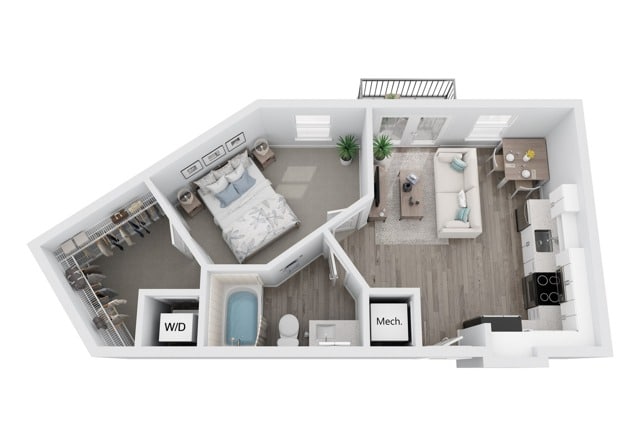 A 3D image of the A7 floorplan, a 600 squarefoot, 1 bed / 1 bath unit