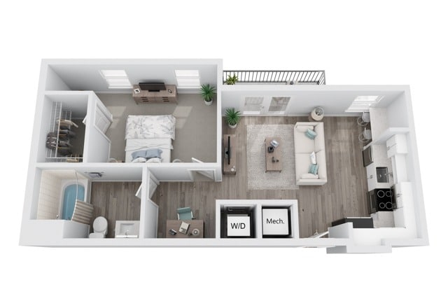 A 3D image of the A8 + Den floorplan, a 675 squarefoot, 1 bed / 1 bath unit