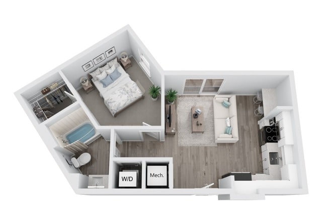 A 3D image of the A9 floorplan, a 587 squarefoot, 1 bed / 1 bath unit