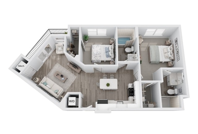 A 3D image of the B3 floorplan, a 970 squarefoot, 2 bed / 2 bath unit