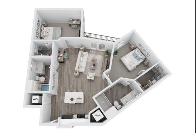 A 3D image of the B4 floorplan, a 1113 squarefoot, 2 bed / 2 bath unit