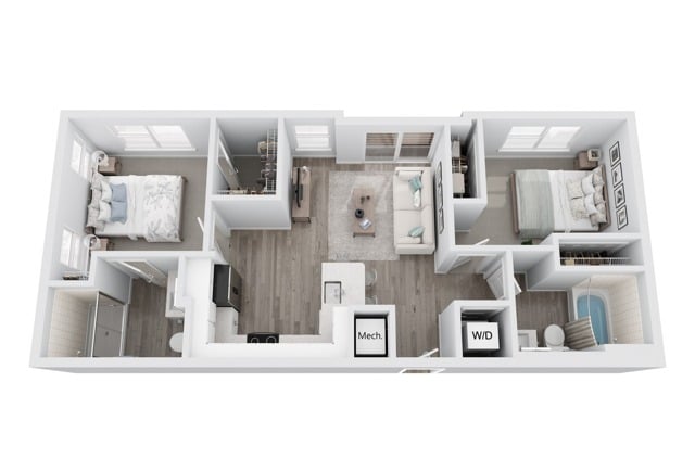 A 3D image of the B5 floorplan, a 822 squarefoot, 2 bed / 2 bath unit