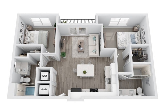 A 3D image of the B6 floorplan, a 875 squarefoot, 2 bed / 2 bath unit